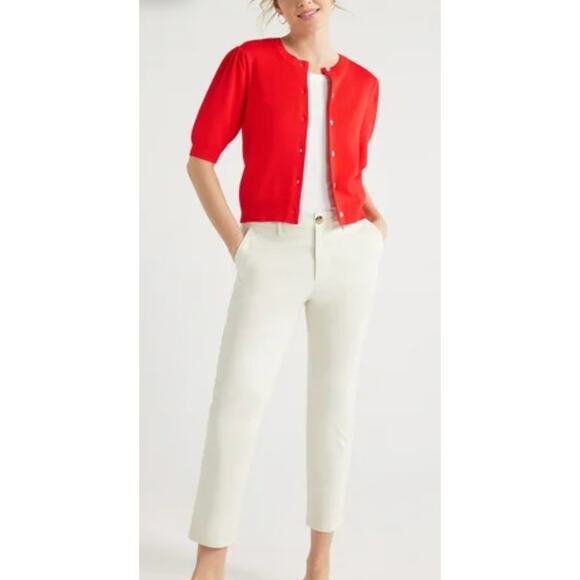 Free Assembly Women's Cardigan Sweater Short Puff Sleeves in Red Midweight, sz M - Picture 1 of 7